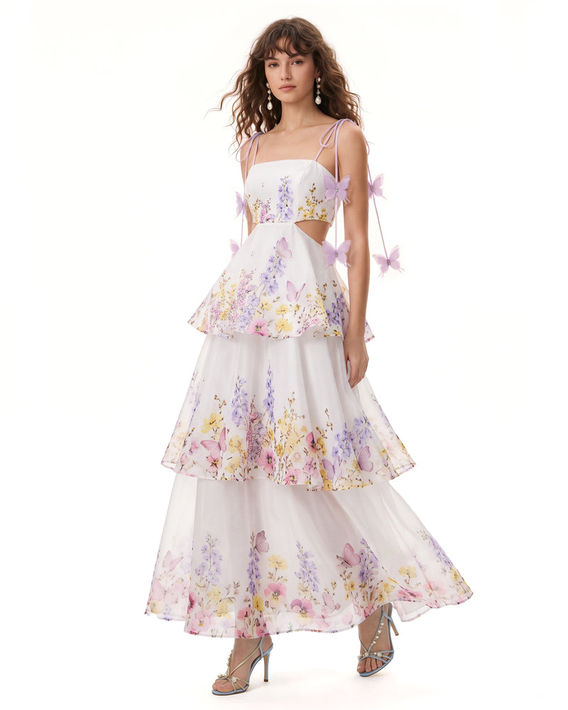 Butterfly Tie Cutout Tiered Maxi Dress - White