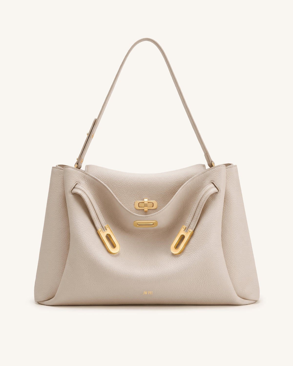 Rhea Large Pebbled Double Buckle Shoulder Bag - Light Beige