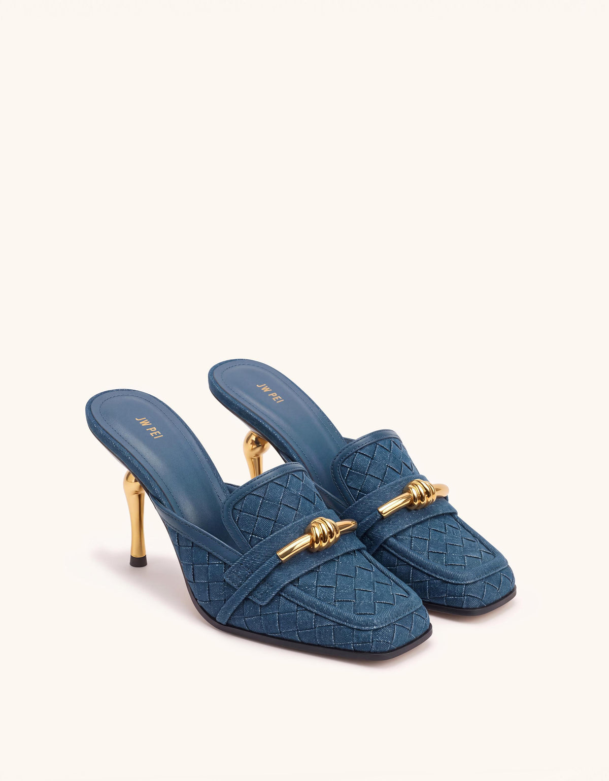 Lena Metal Rope Knot Woven Square Toe Mules - Denim Blue
