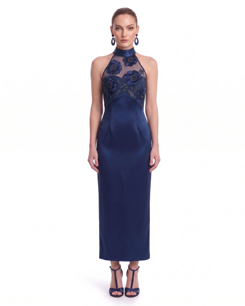 Floral Lace Halter Satin Midi Dress - Navy