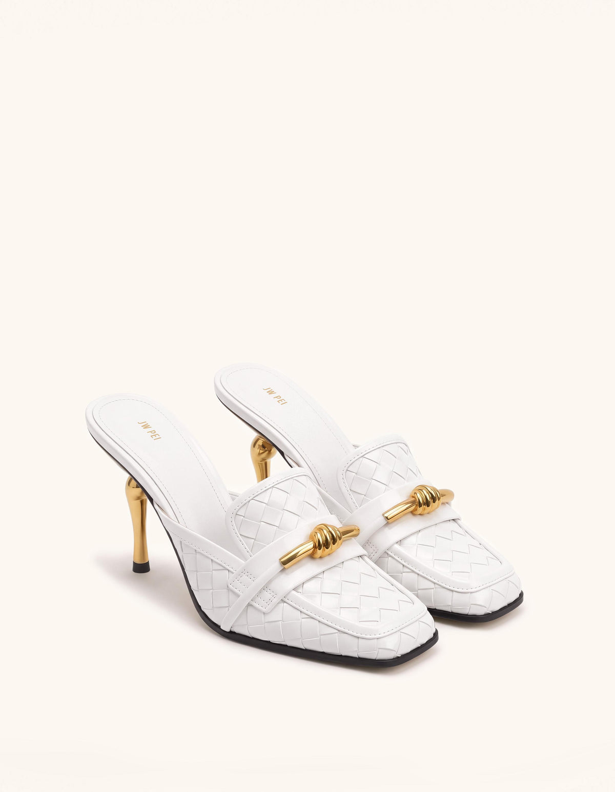 Lena Metal Rope Knot Woven Square Toe Mules - White