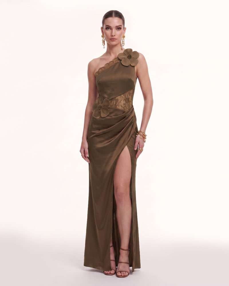 Floral Appliqué One-Shoulder Slit Satin Maxi Dress - Brown