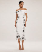 Flower Embroidered Off Shoulder Midi Dress - White
