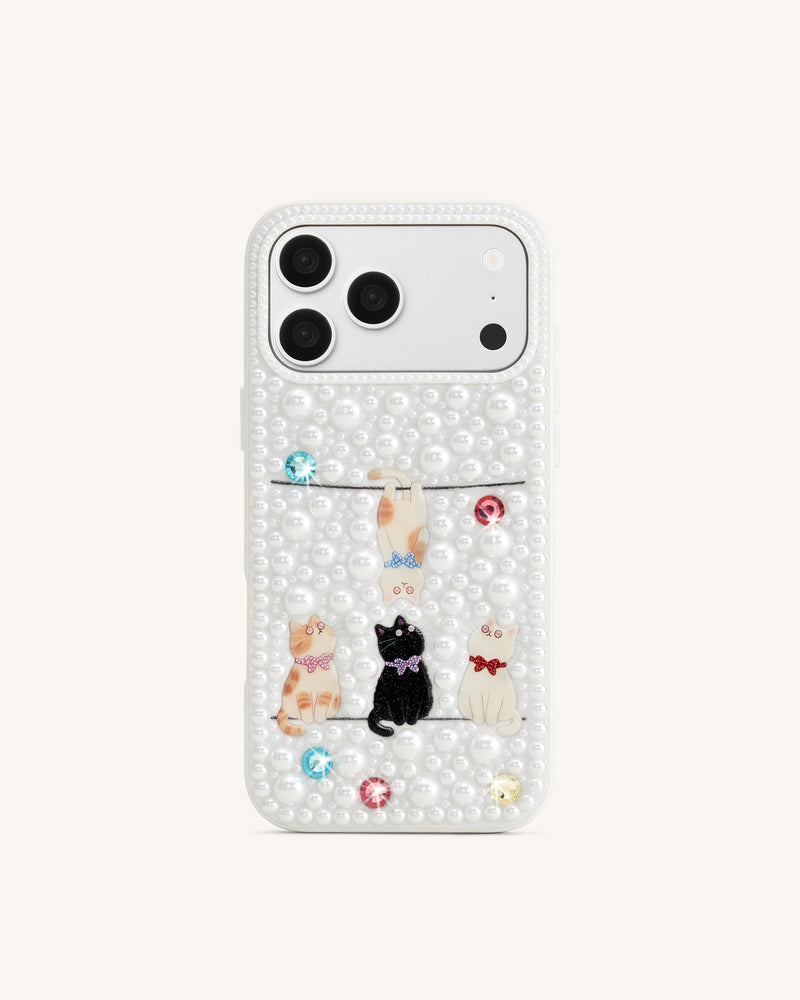 Pearl-Embellished Playful Cats Phone Case - White