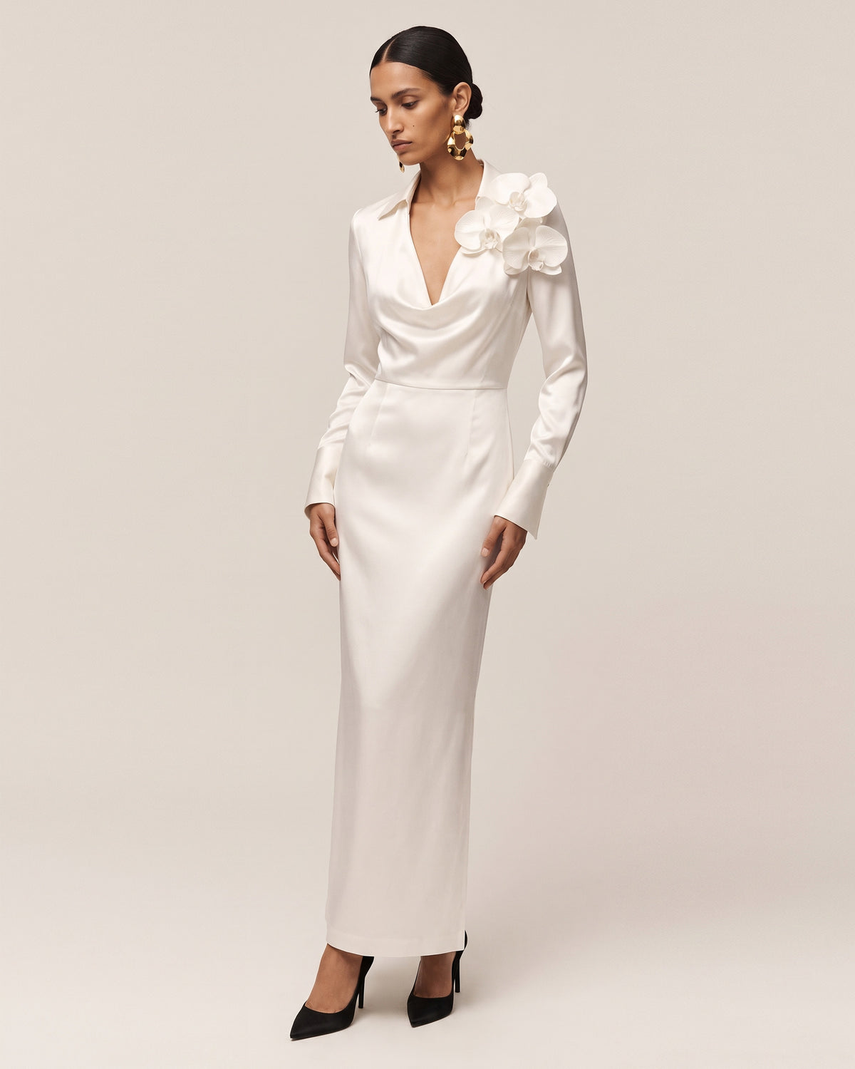 Orchid Embellished Cowl-Neck Long-Sleeve Maxi Dress - White
