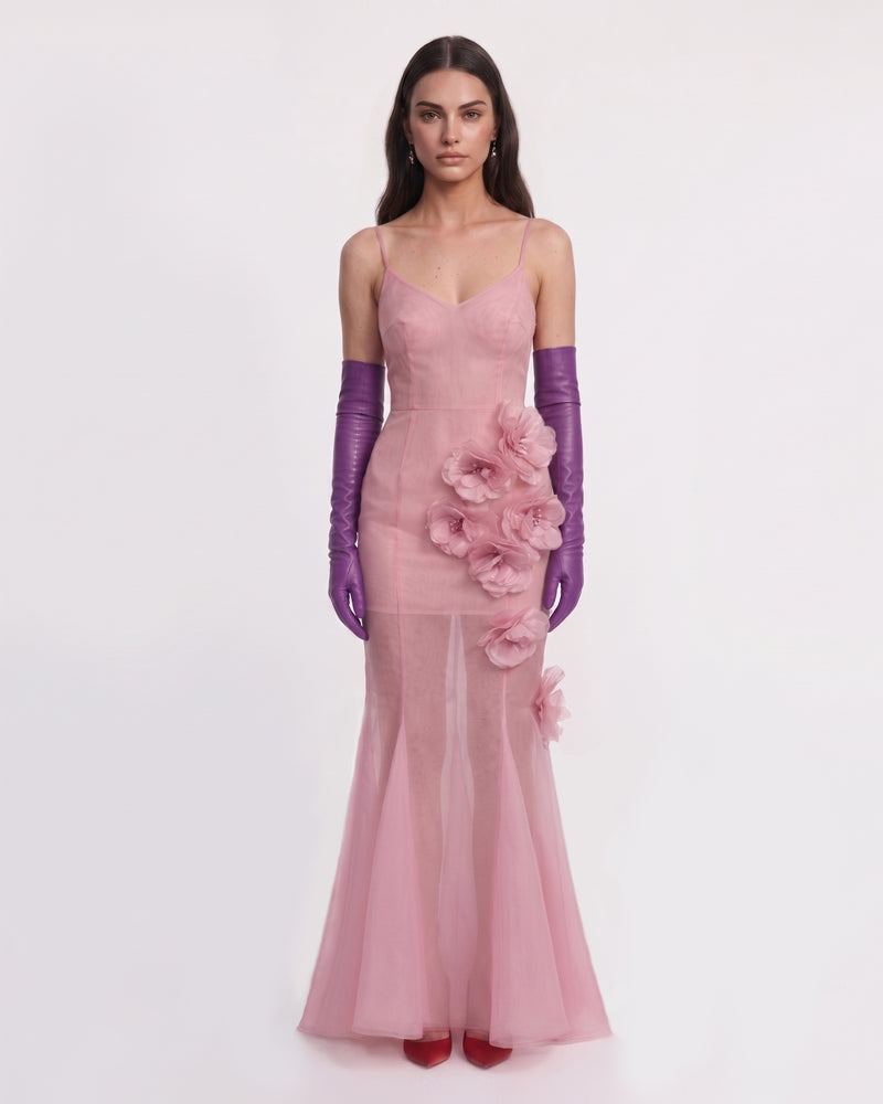 Intricate 3D Sculpted Embroidered Sheer Tulle Gown - Pink