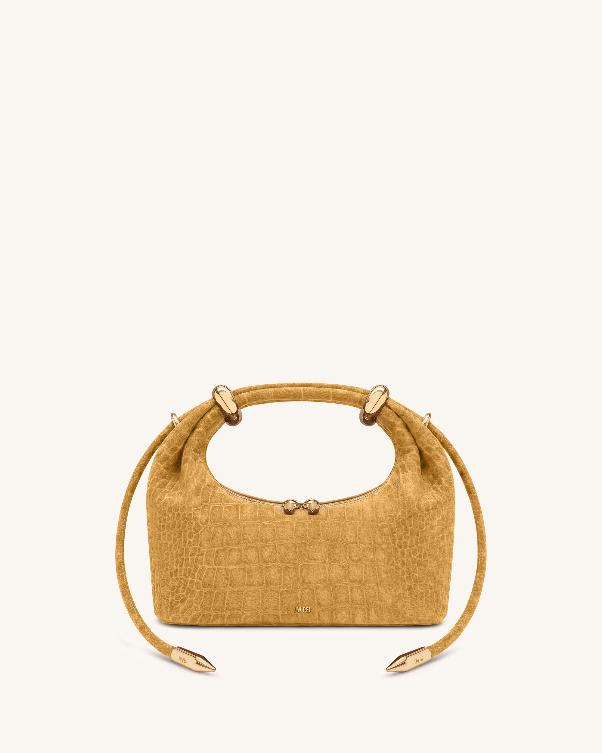 Ellie Faux Suede Metal Ring Embellished Top Handle Bag - Yellow-Brown Croc