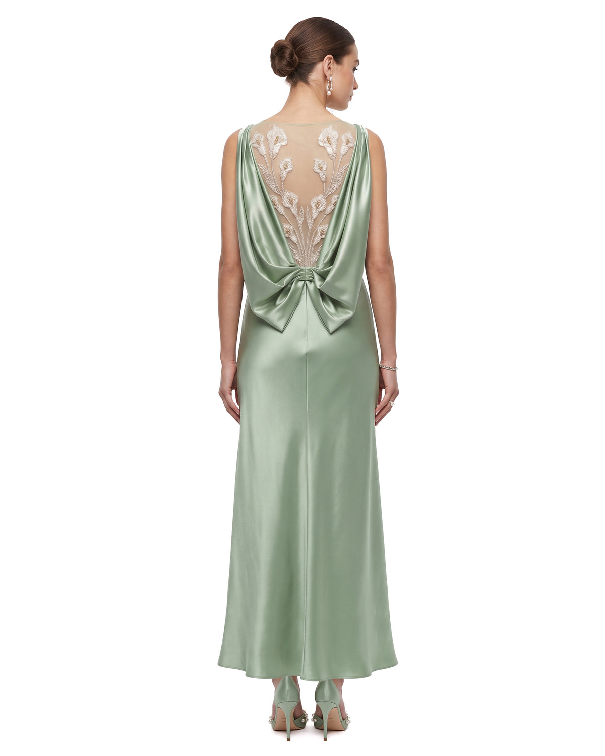 Calla Lily Embroidered Bow-Back Satin Maxi Dress - Sage Green
