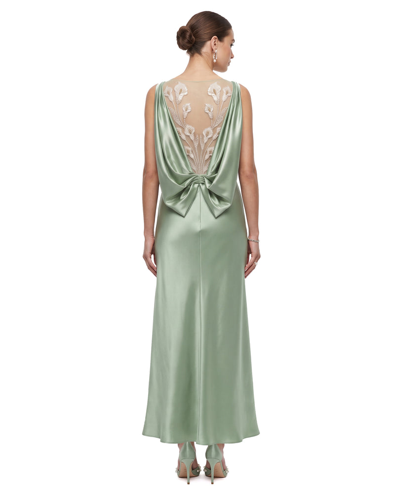 Calla Lily Embroidered Bow-Back Satin Maxi Dress - Sage Green