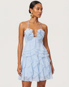 Flower Embroidered Halter Ruffled Mini Dress - Light Blue
