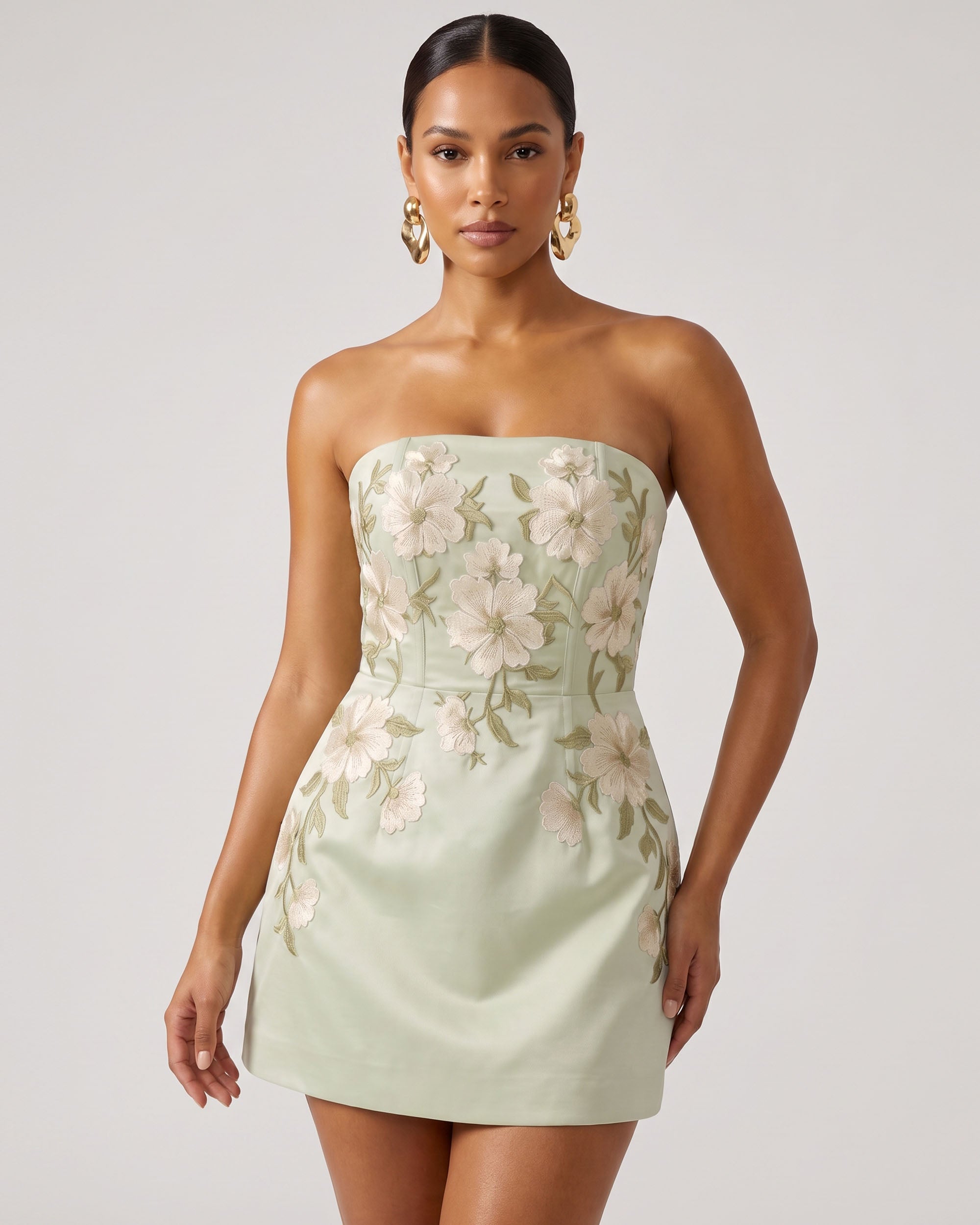 Floral Embroidered Strapless Corset Mini Dress - Light Yellowish Green