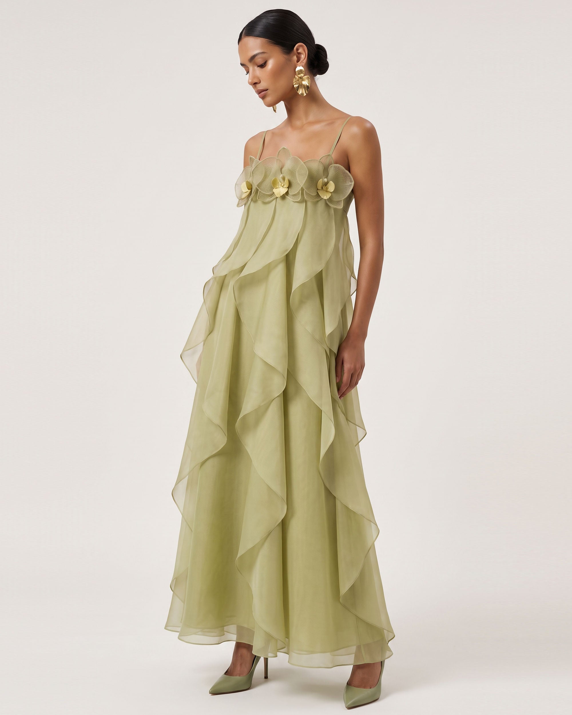 Orchid Embroidered Organza Maxi Dress - Light Green