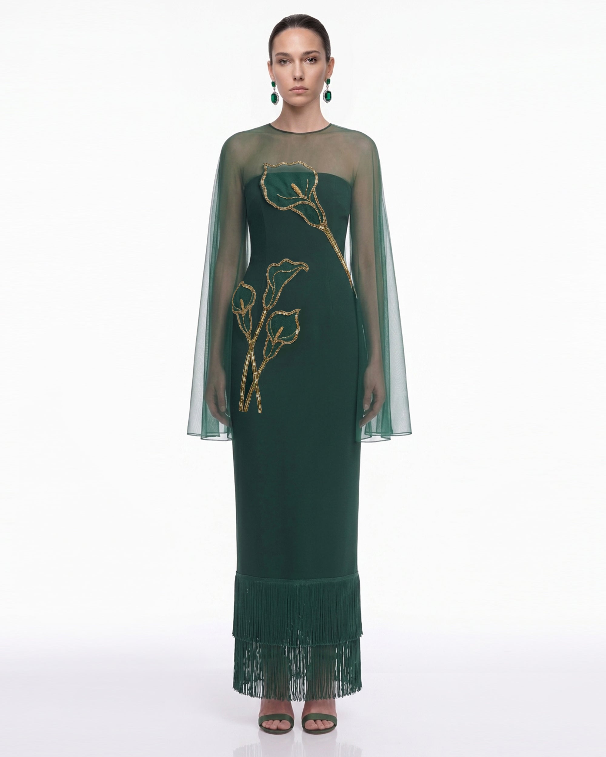 Calla Lily Embellished Sheer Cape Fringe Maxi Dress - Emerald Green
