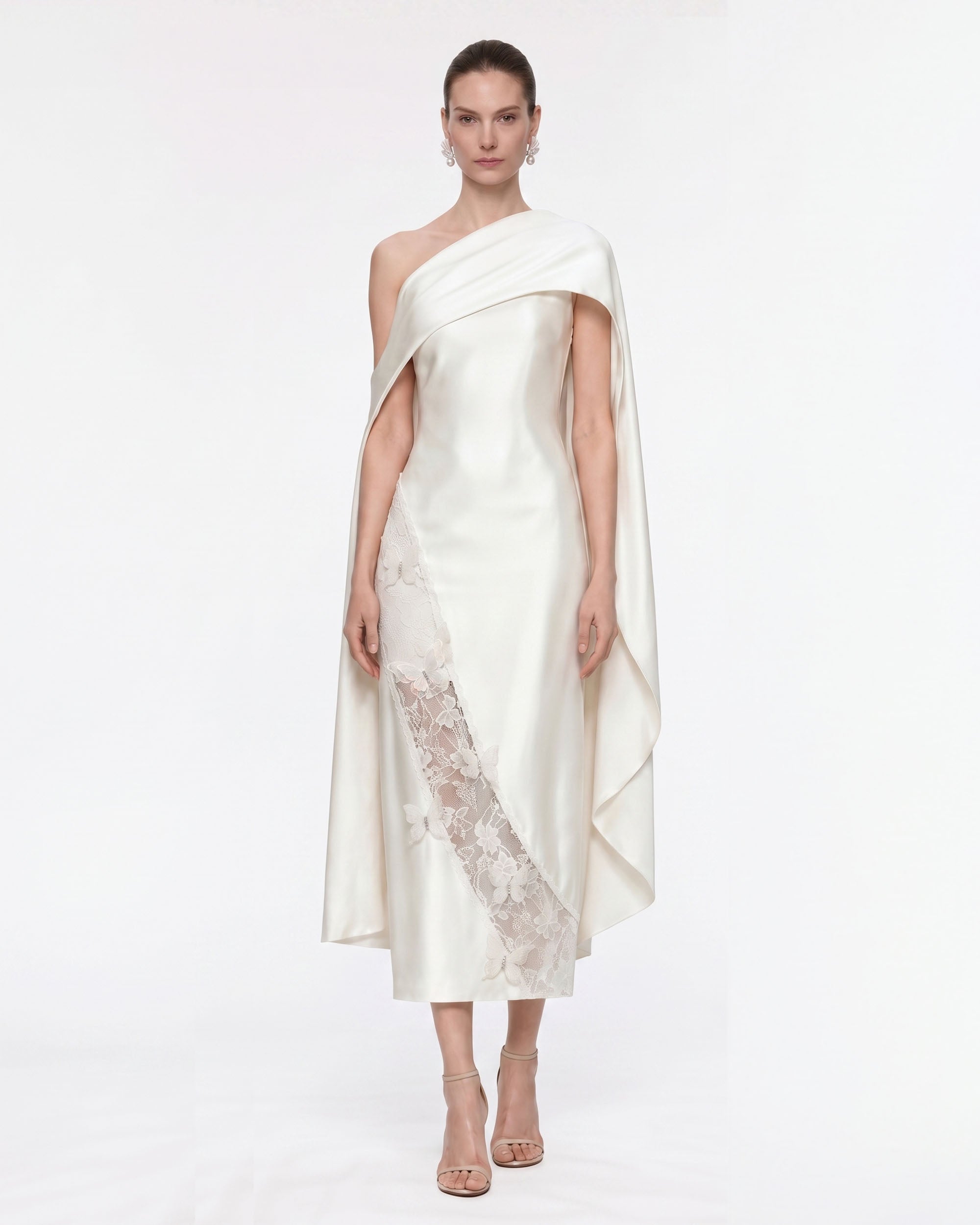 Butterfly Lace Panel Draped
 Satin Midi Dress - Ivory