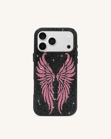 Pink Rhinestone Angel Wings Phone Case - Black