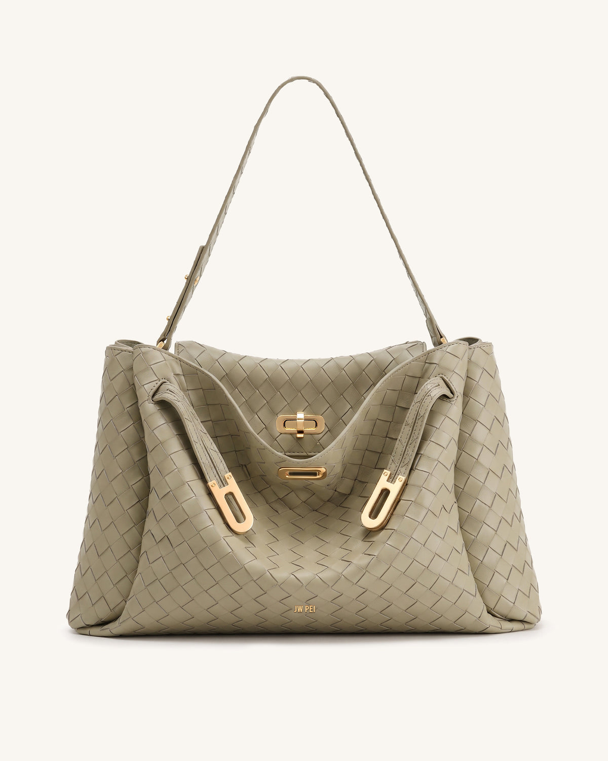 Rhea Large Woven Textured Shoulder Bag - Light Grey Green