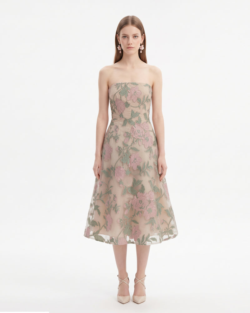 Strapless Floral Jacquard A-Line Midi Dress - Multi
