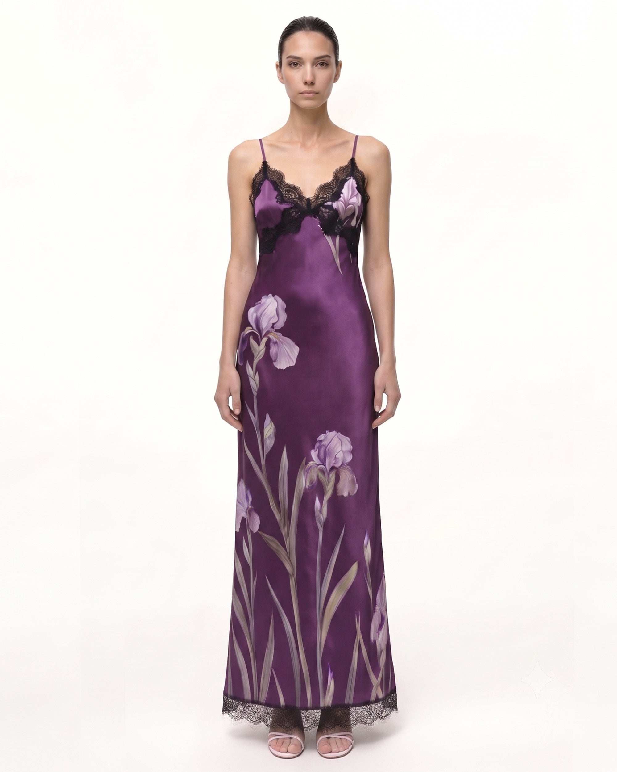 Satin Iris Print Lace Trim Spaghetti Strap Maxi Dress - Purple