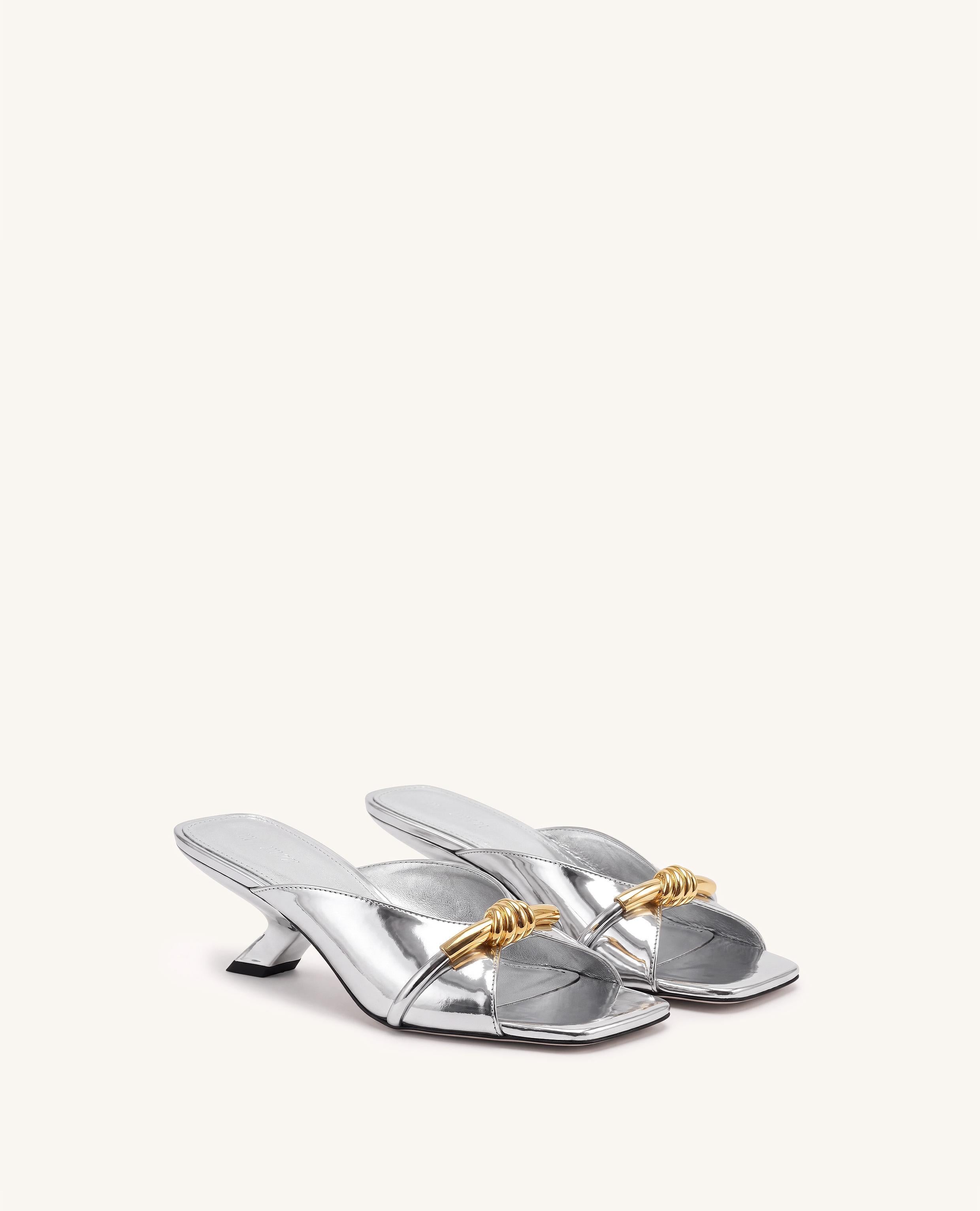 Lena Metal Rope Knot Metallic Cross-Strap Heeled Sandals - Silver