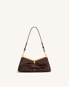 Nerina V-Frame Shoulder Bag - Dark Brown Croc