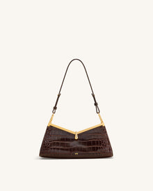 Nerina V-Frame Shoulder Bag - Dark Brown Croc