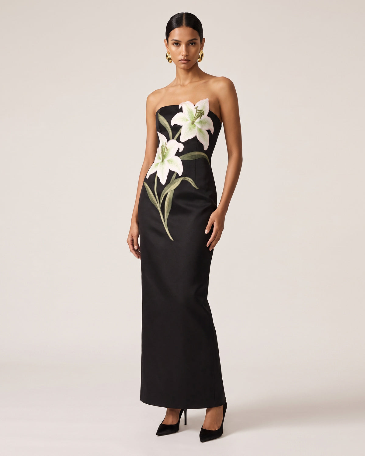 Lily Embroidered Strapless Column Maxi Dress - Black