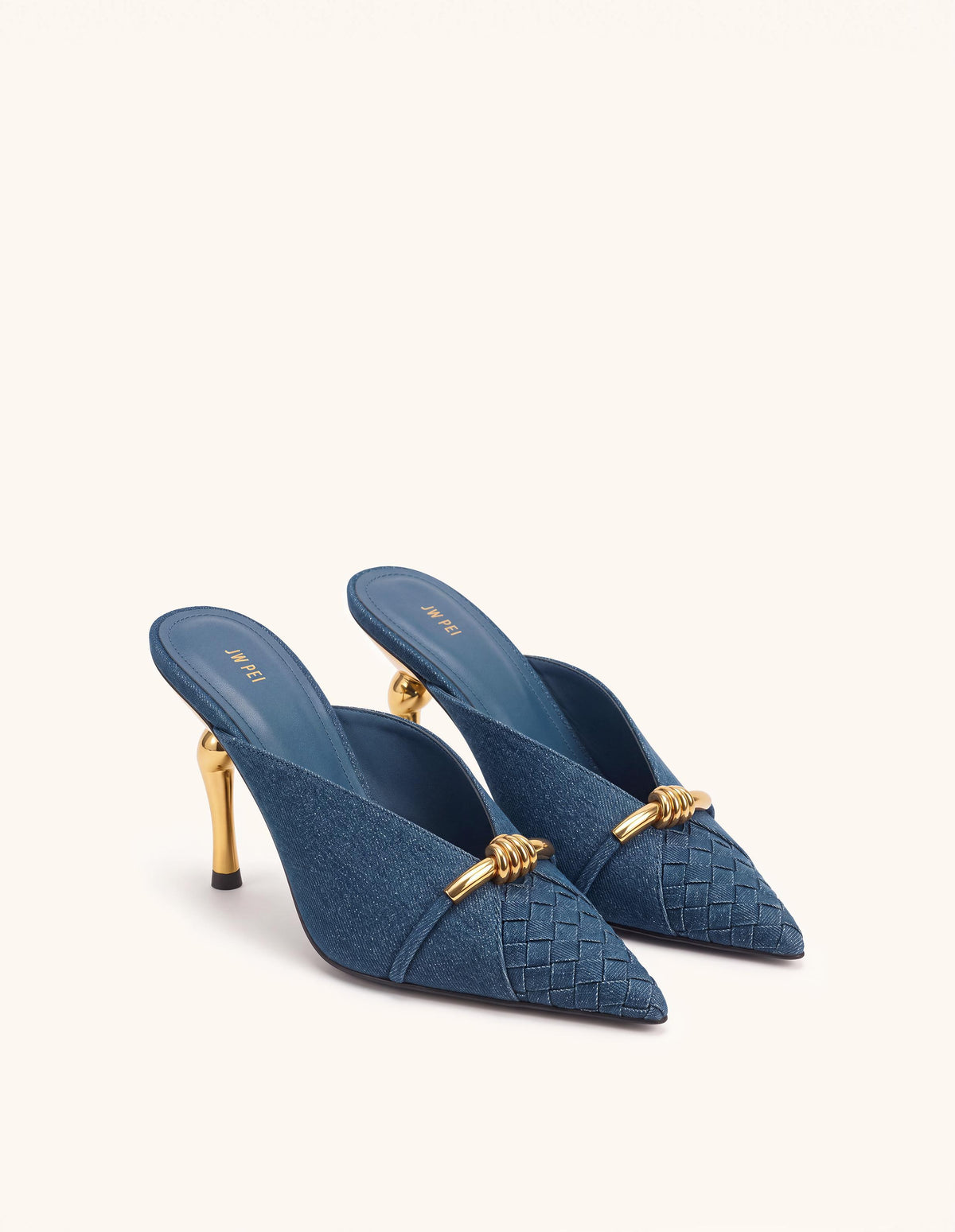 Lena Metal Rope Knot Woven Panel Mules - Denim Blue