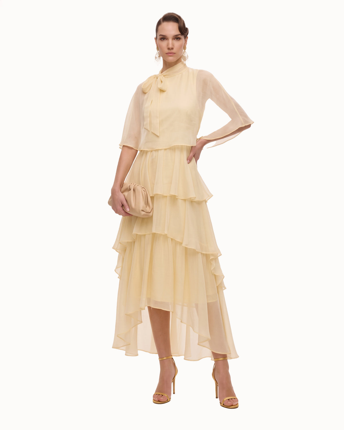 Bow-Neck Layered Ruffle Maxi Dress - Butter Cream