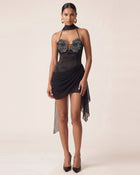 Flower Embroidered Halter Draped Mini Dress - Black