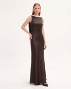 Tulip Appliqué Cowl-Back Satin Column Maxi Dress - Espresso Brown
