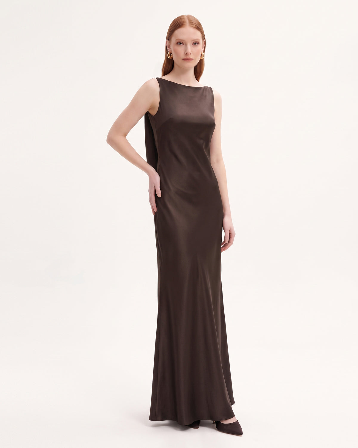 Tulip Appliqué Cowl-Back Satin Column Maxi Dress - Espresso Brown