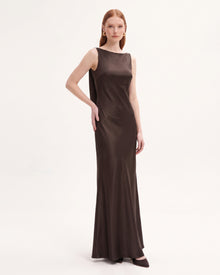 Tulip Appliqué Cowl-Back Satin Column Maxi Dress - Espresso Brown