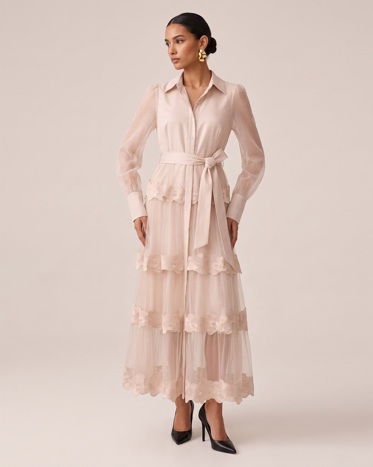 Orchid Embellished Tiered Belted Long-Sleeve Shirt Dress - Pink