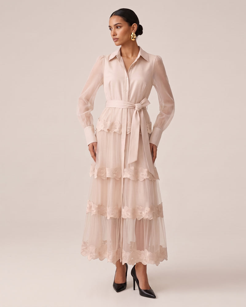 Orchid Embellished Tiered Belted Long-Sleeve Shirt Dress - Pink