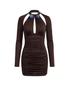 3D Embroidered Tulip Keyhole Ruched Mini Dress - Brown