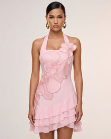 Orchid Embroidered Halter Ruffle Mini Dress - Pink