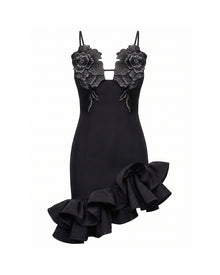 Flower Embroidered Spaghetti Strap Asymmetric Ruffle Mini Dress - Black
