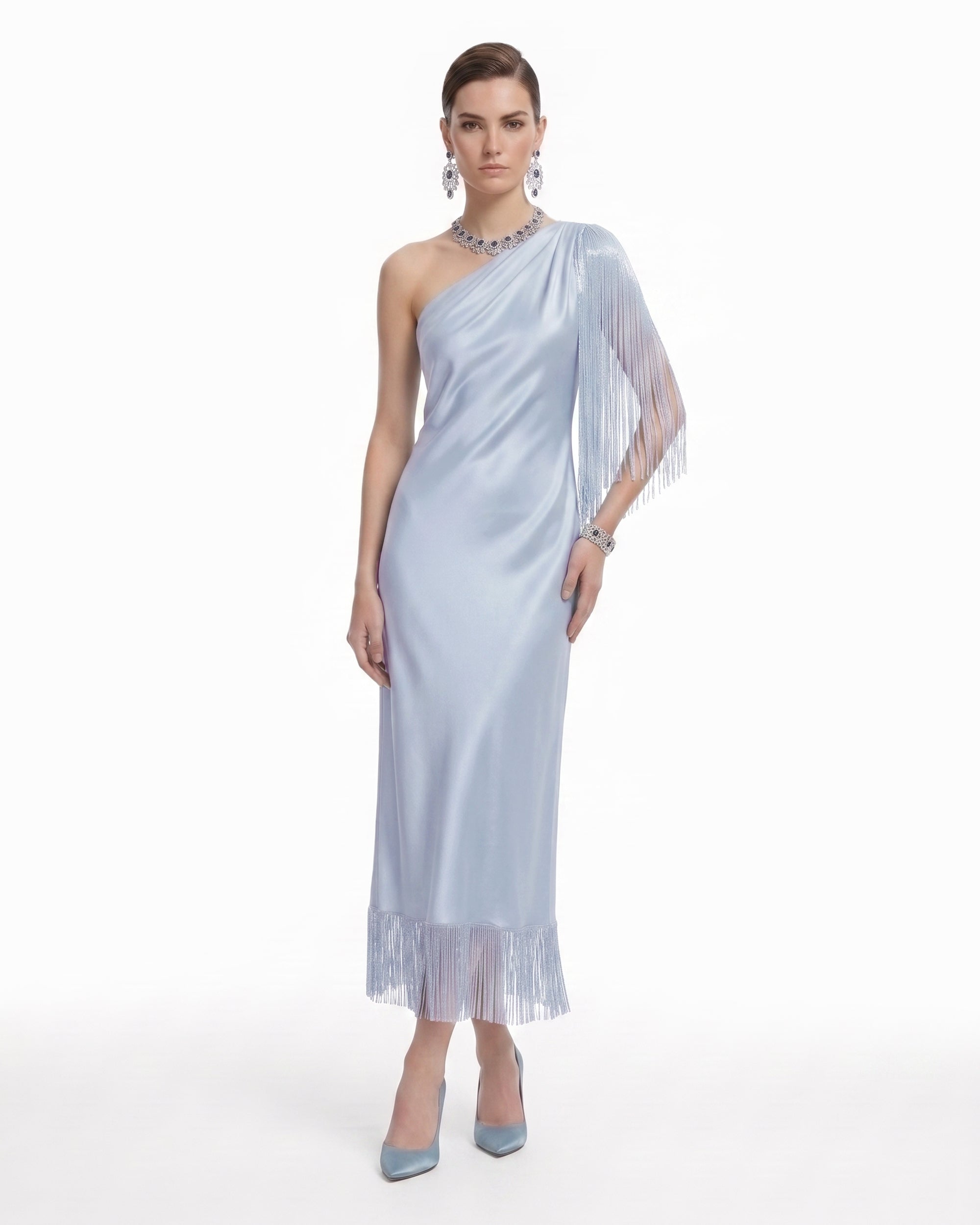 One Shoulder Fringe Midi Dress - Powder Blue