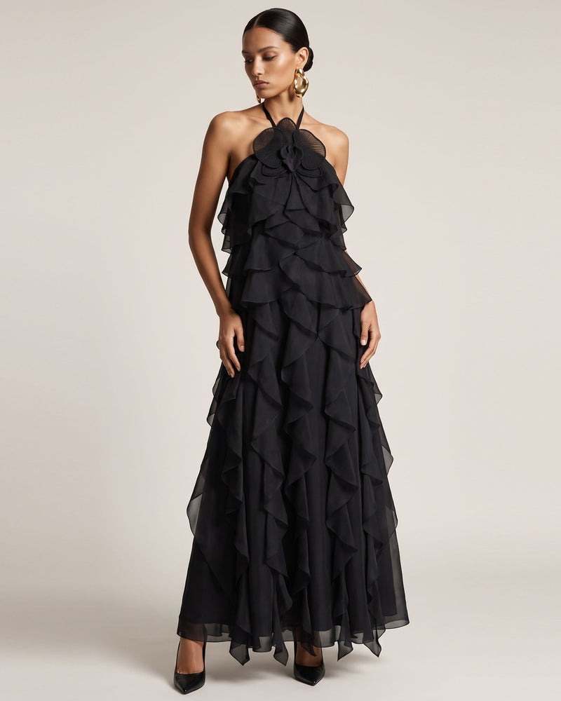 Orchid Embroidered Ruffle Halter Maxi Dress - Black