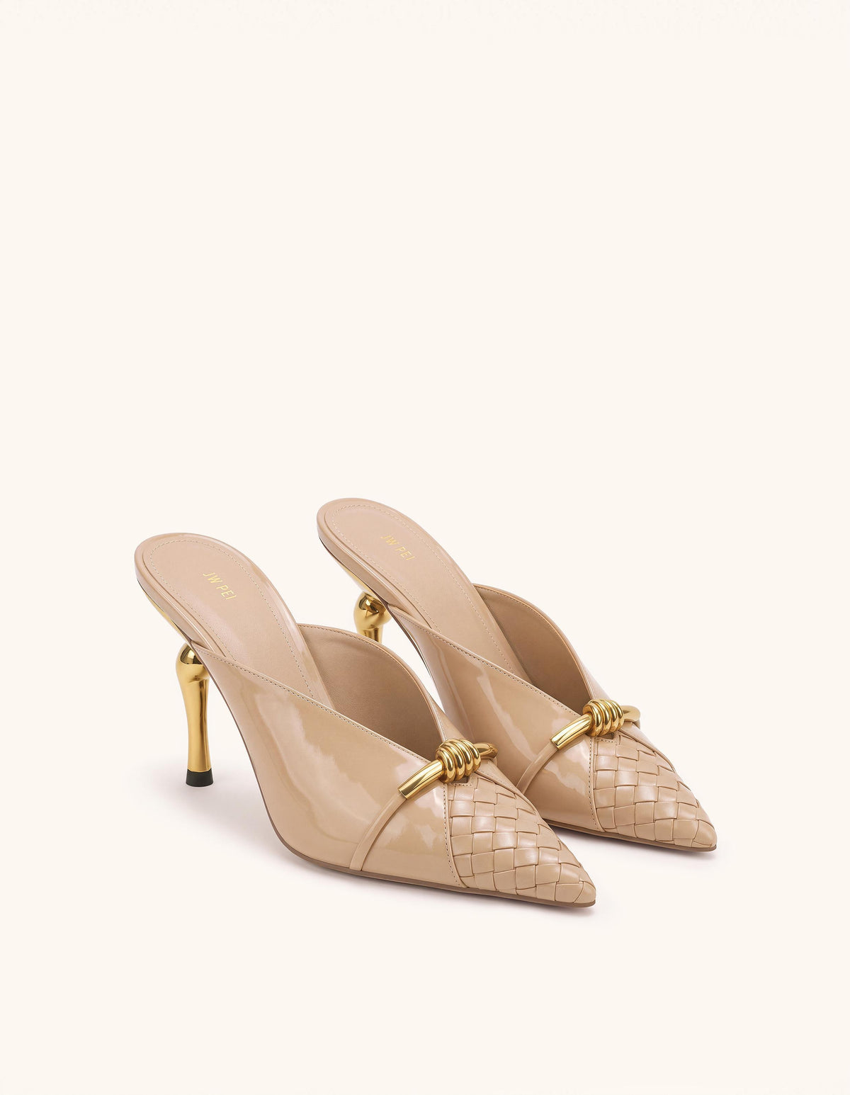 Lena Metal Rope Knot Woven Panel Mules - Nude