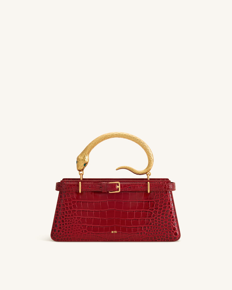 Elena Snake Handle Top Handle Bag - Burgundy Croc