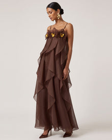 Orchid Embroidered Organza Maxi Dress - Dark Brown