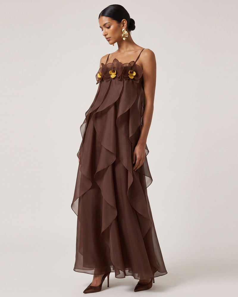 Orchid Embroidered Organza Maxi Dress - Dark Brown
