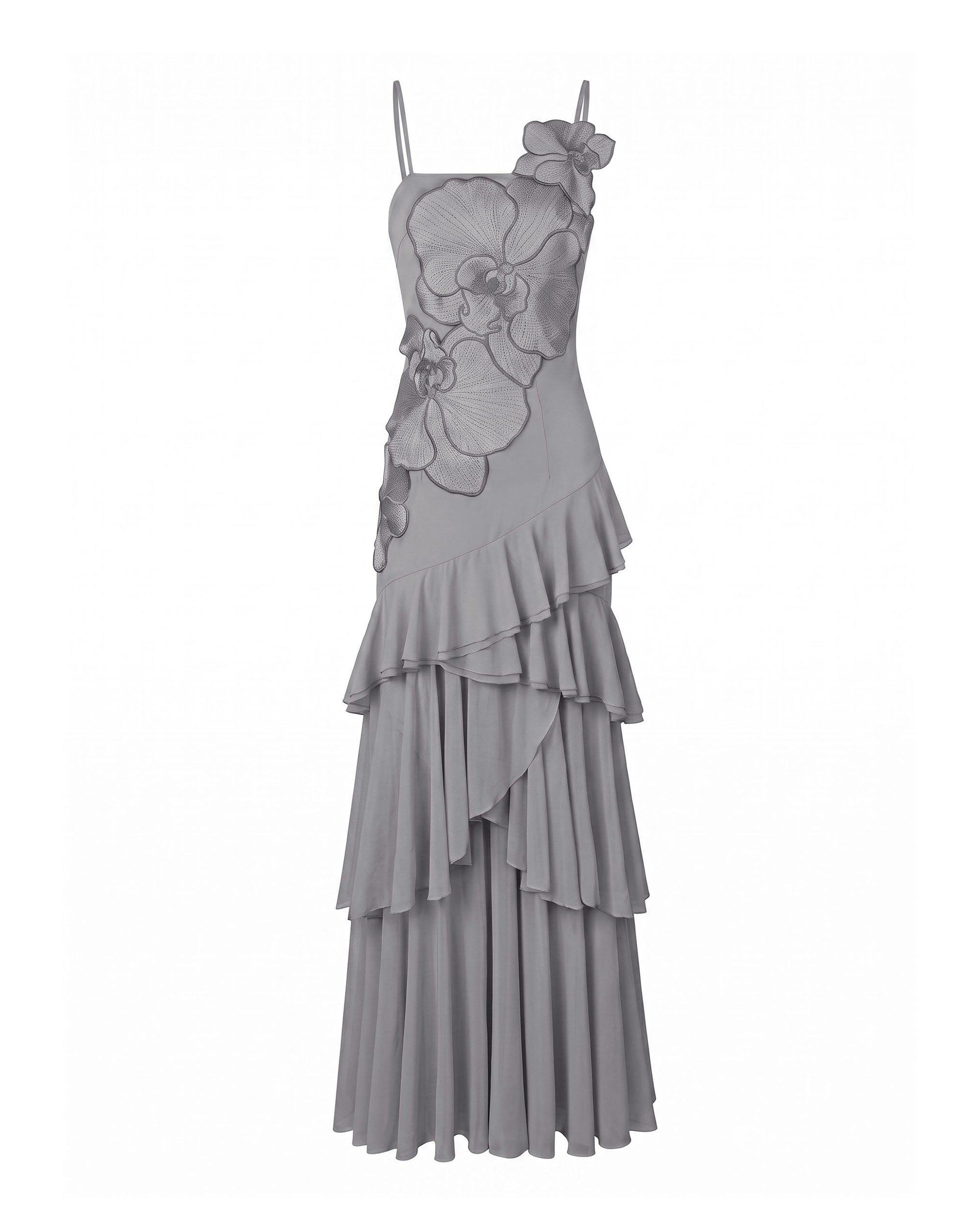 Orchid Embroidered Ruffled One-Shoulder Maxi Dress - Lavender Gray