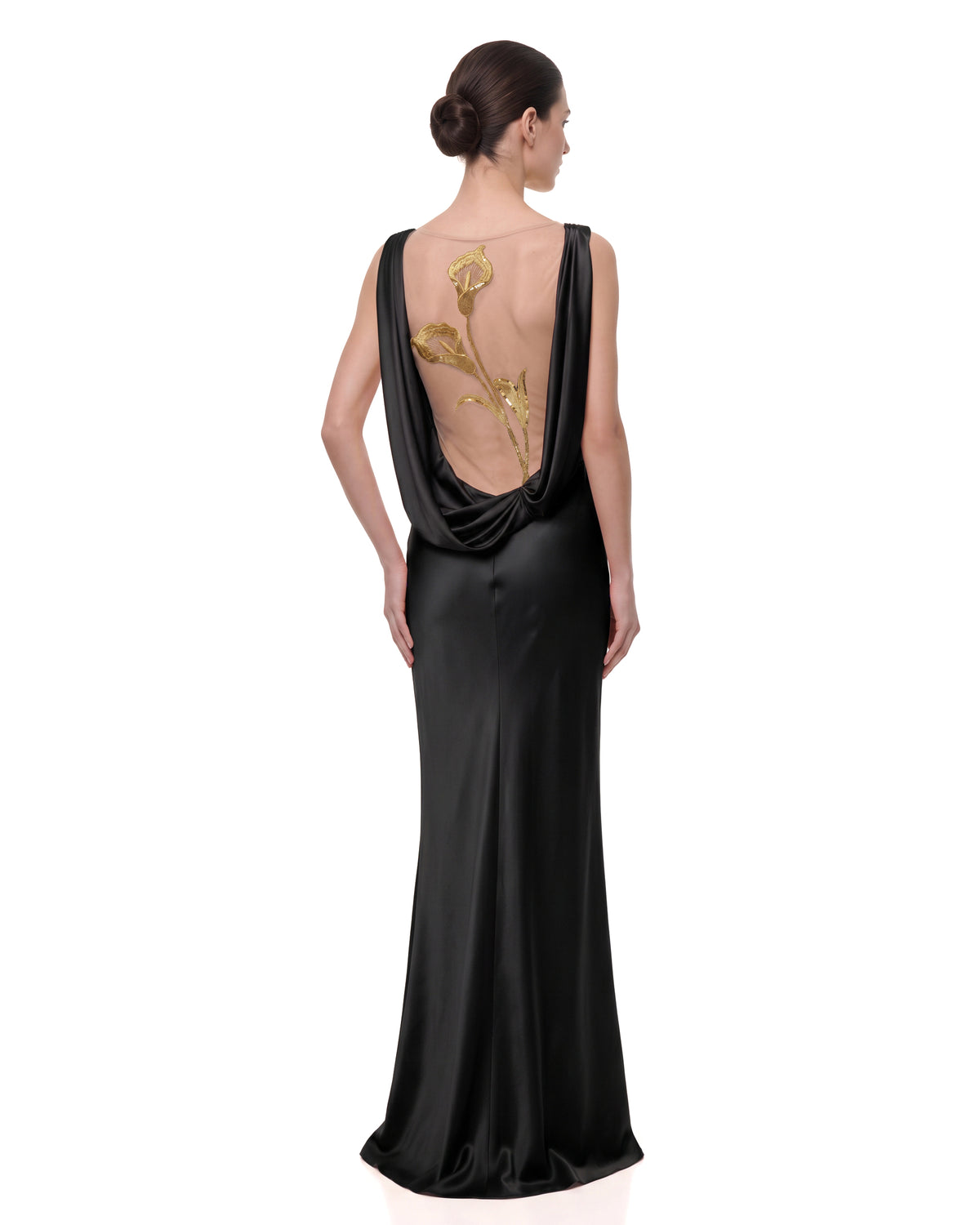 Gold Calla Lily Sheer Backless Satin Dress - Black