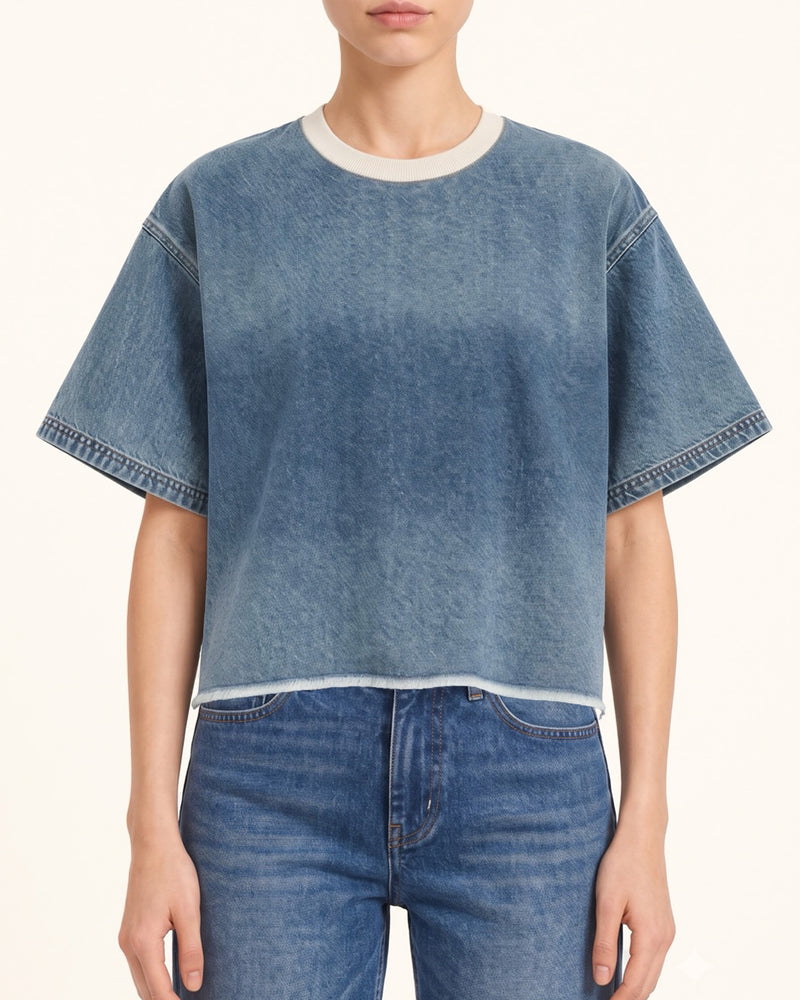 Contrast Rib Denim Cropped Tee - Washed Blue