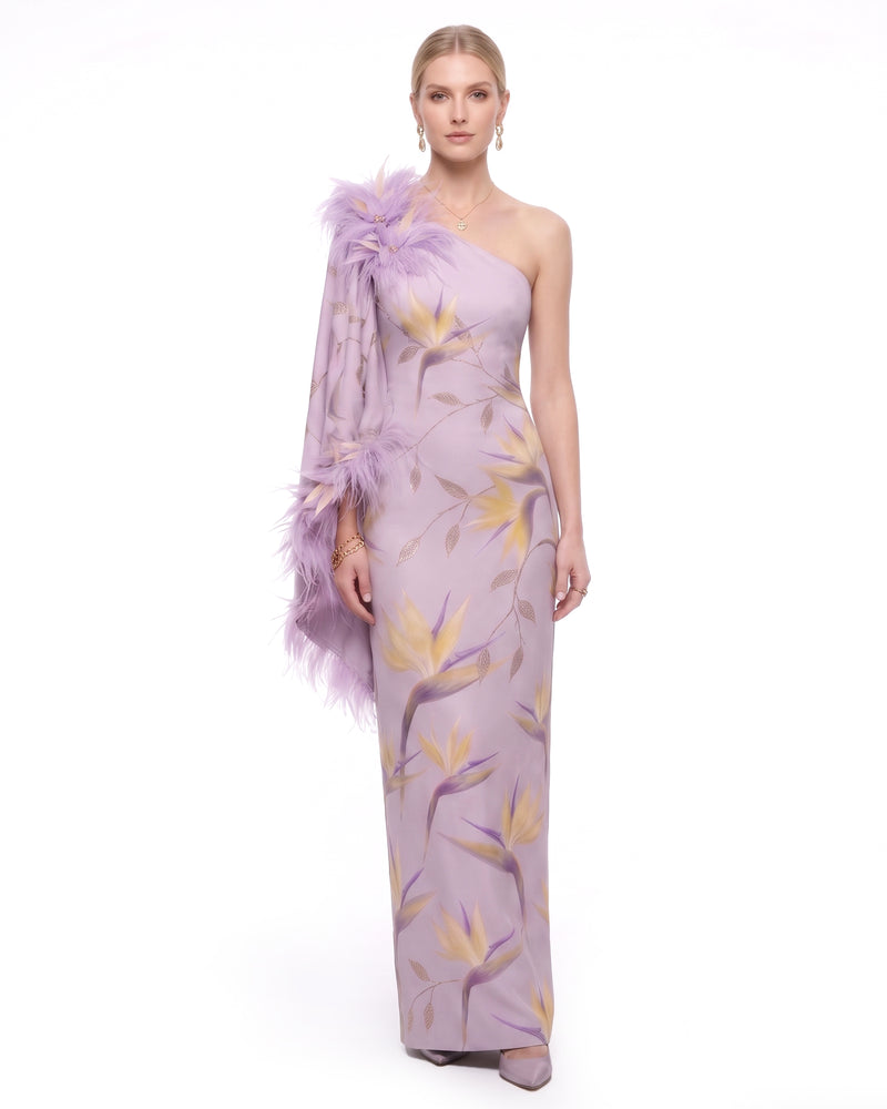 Bird of Paradise Feather-Trim One-Shoulder Maxi Dress - Pale Lilac