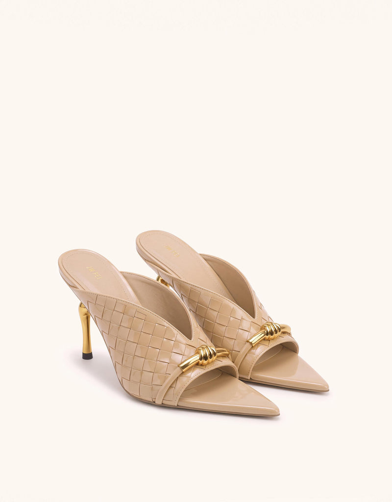 Lena Metal Rope Knot Woven Upper Mule Heels - Nude