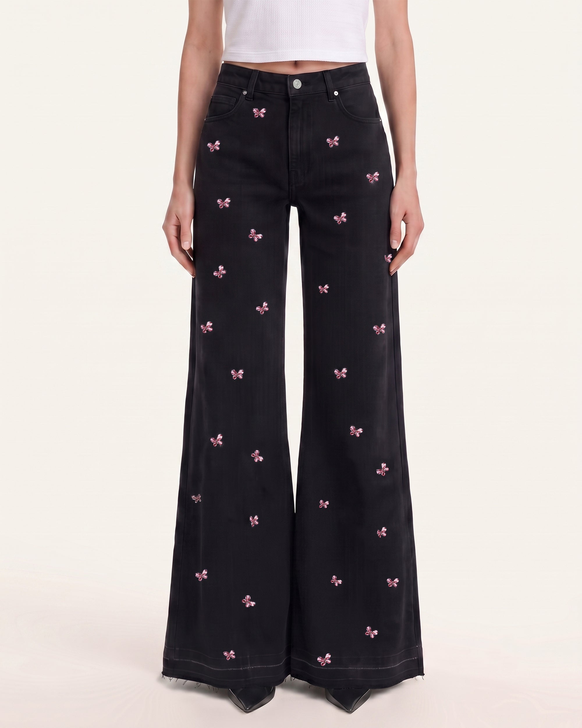 The Midnight Crystal Butterfly Split Fray Jeans - Black