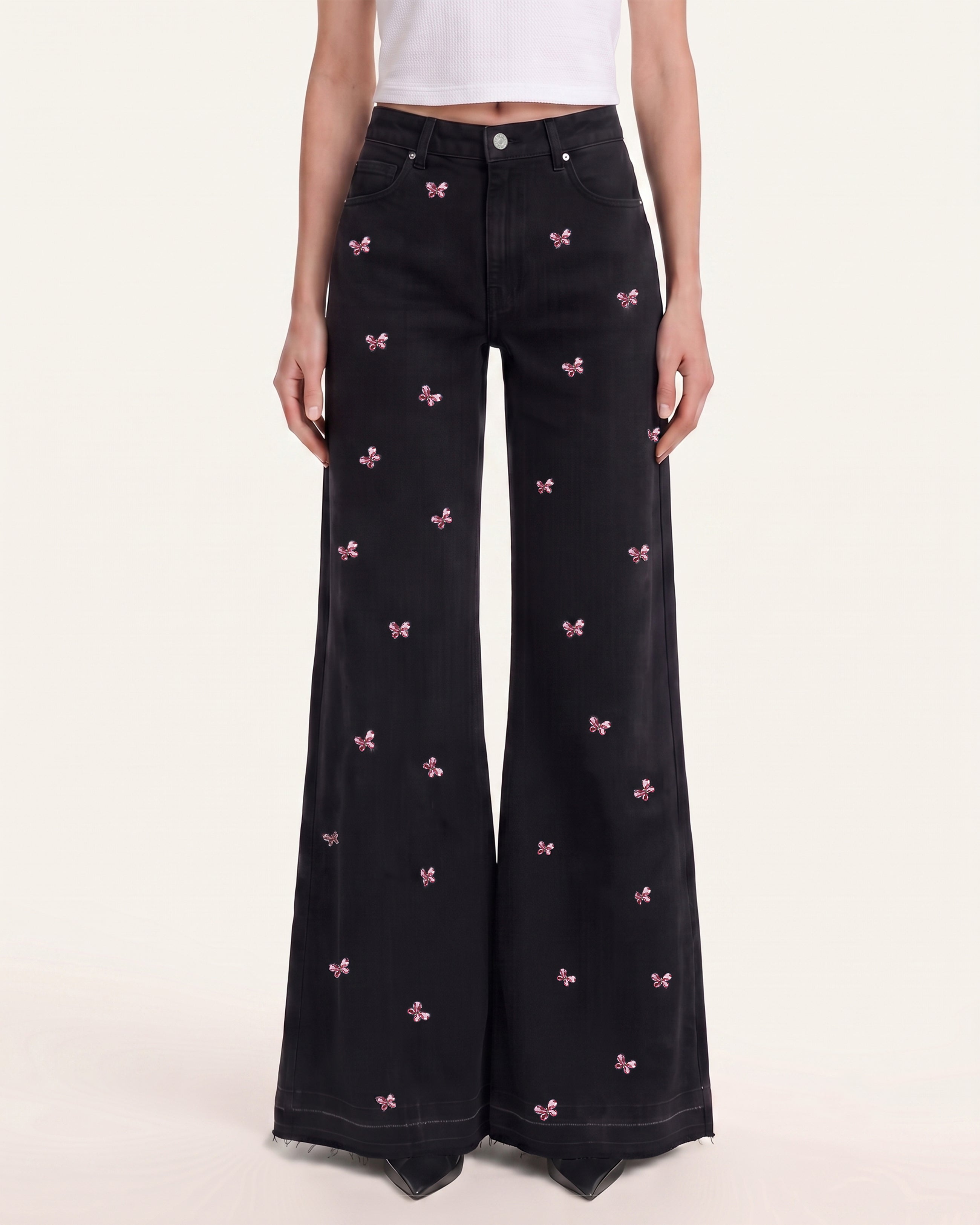 The Midnight Crystal Butterfly Split Fray Jeans - Black
